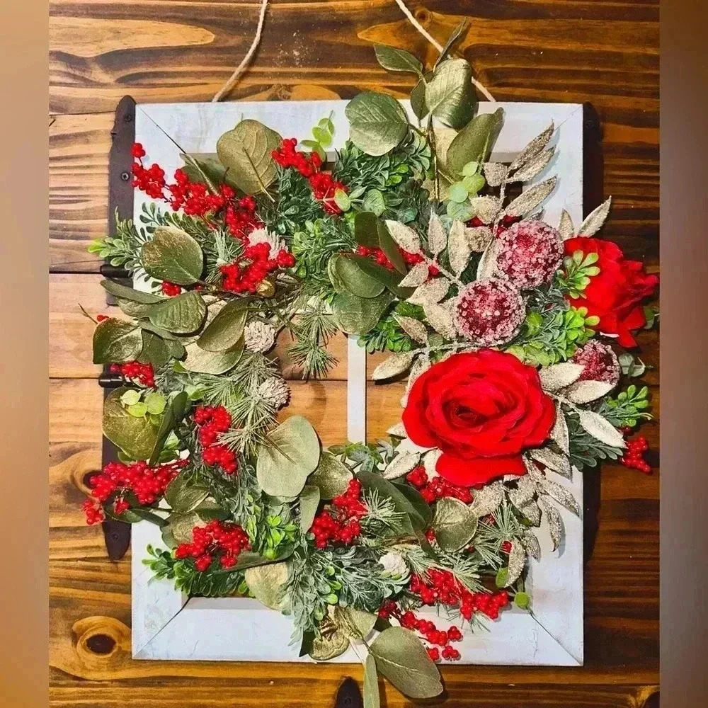 Window frame winter wreath